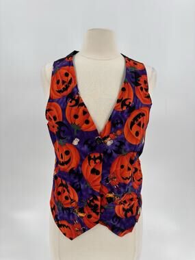 Ceci Vintage Halloween Vest Womens Medium Large Jack O Lantern Orange Purple 90s